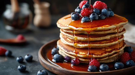 A stack of fluffy vegan blueberry pancakes topped with maple syrup and fresh berries.の素材