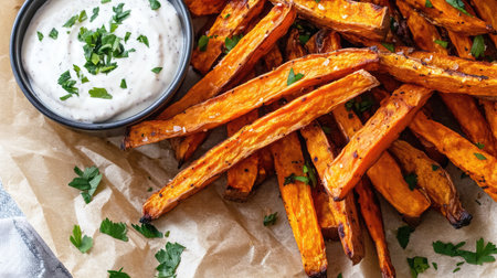 A platter of crispy air-fried sweet potato fries served with a creamy vegan dip.の素材
