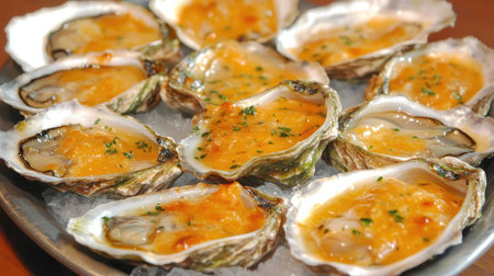 A platter of oysters Rockefeller, baked with a rich buttery topping and herbs.の素材