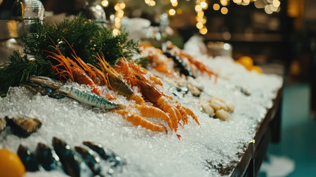 A rustic seafood market stall displaying fresh fish, shrimp, and shellfish on crushed ice.の素材