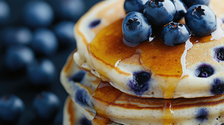 A stack of fluffy vegan blueberry pancakes topped with maple syrup and fresh berries.の素材