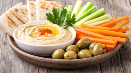 A rustic wooden table with a platter of hummus, pita bread, olives, and fresh vegetable sticks.の素材
