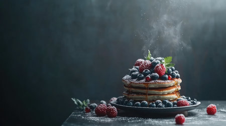 A stack of fluffy blueberry pancakes topped with maple syrup and fresh berries.の素材