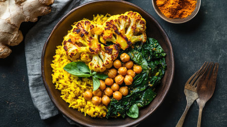 A serving of golden turmeric rice with roasted cauliflower and chickpeas.の素材