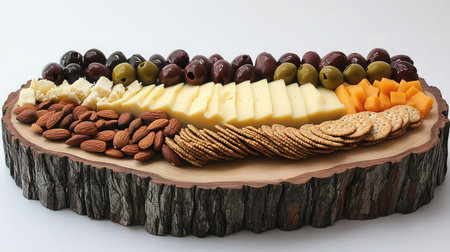 A rustic wooden platter featuring dairy-free cheese, olives, nuts, and whole grain crackers.の素材
