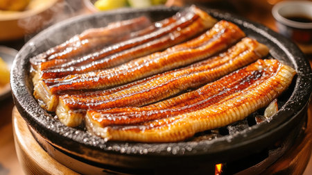 A sizzling hot stone plate of grilled eel, drizzled with teriyaki sauce.の素材