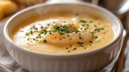 A steaming bowl of crab bisque with a creamy, velvety texture, garnished with chives.の素材