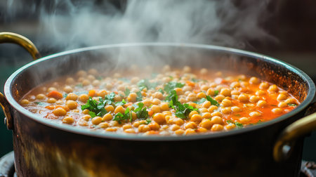 A steaming pot of vegetable curry with chickpeas, tomatoes, and aromatic spices.の素材
