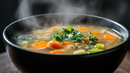 A steaming bowl of lentil soup with carrots, celery, and fresh parsley.の素材