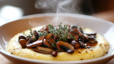 A steaming plate of creamy polenta with sauted wild mushrooms and fresh thyme.の素材