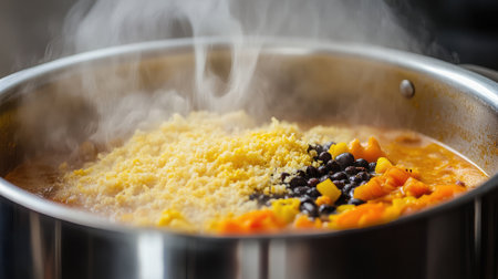 A steaming pot of spicy vegan chili with black beans, lentils, and a side of cornbread.の素材