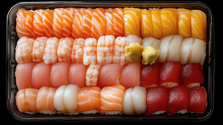 A tray of sushi nigiri featuring salmon, tuna, and shrimp, garnished with wasabi and pickled ginger.の素材
