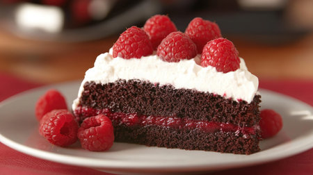 A vegan chocolate cake slice topped with coconut whipped cream and fresh raspberries.の素材