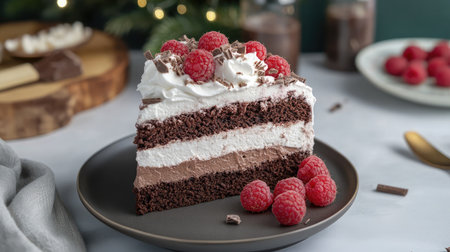 A vegan chocolate cake slice topped with coconut whipped cream and fresh raspberries.の素材
