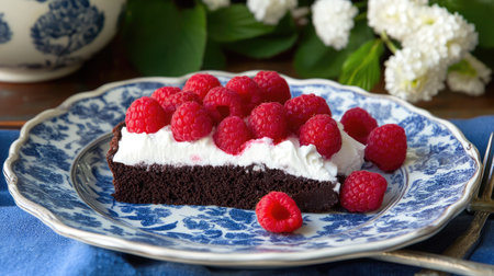 A vegan chocolate cake slice topped with coconut whipped cream and fresh raspberries.の素材