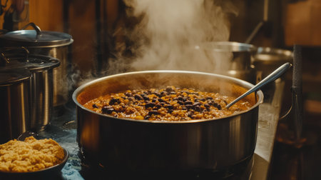 A steaming pot of spicy vegan chili with black beans, lentils, and a side of cornbread.の素材