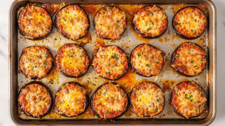 A tray of golden baked eggplant Parmesan with marinara sauce and melted cheese.の素材
