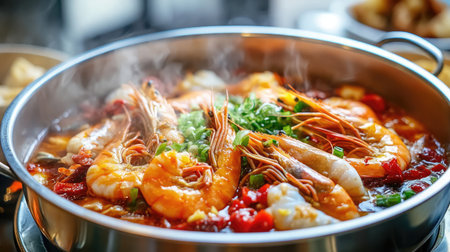 A steaming pot of seafood hot pot with shrimp, fish, and vegetables in a spicy broth.の素材