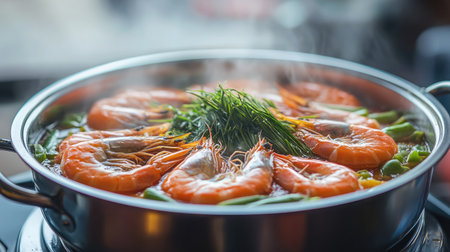 A steaming pot of seafood hot pot with shrimp, fish, and vegetables in a spicy broth.の素材