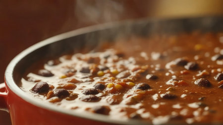 A steaming pot of spicy vegan chili with black beans, lentils, and a side of cornbread.の素材
