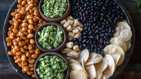 A top-down view of a loaded vegan nacho platter with cashew cheese, black beans, and fresh guacamole.の素材