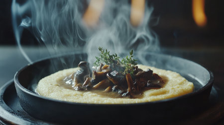 A steaming plate of creamy polenta with sauted wild mushrooms and fresh thyme.の素材
