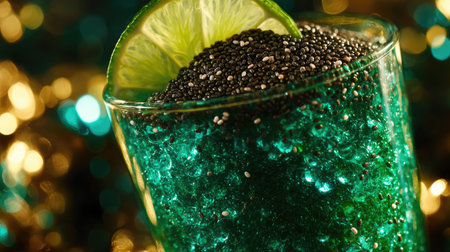 A vibrant green smoothie in a glass, topped with chia seeds and a slice of lime.の素材