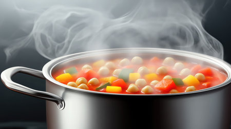 A steaming pot of vegetable curry with chickpeas, tomatoes, and aromatic spices.の素材