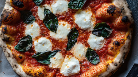 A top-down view of a freshly made margherita pizza with basil, mozzarella, and tomato sauce.の素材