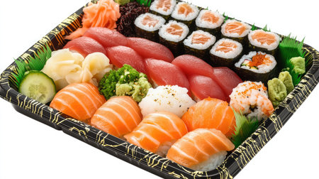 A tray of sushi nigiri featuring salmon, tuna, and shrimp, garnished with wasabi and pickled ginger.の素材