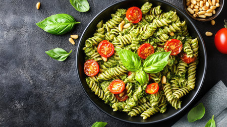 A vegan pesto pasta dish with cherry tomatoes and toasted pine nuts.の素材