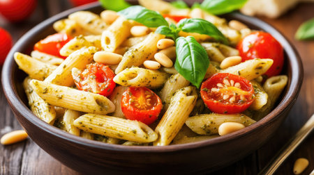 A vegan pesto pasta dish with cherry tomatoes and toasted pine nuts.の素材