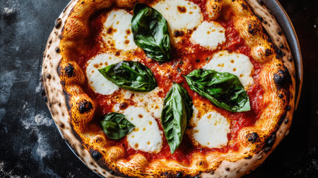 A top-down view of a freshly made margherita pizza with basil, mozzarella, and tomato sauce.の素材