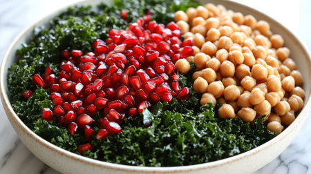 A vibrant salad bowl with kale, roasted chickpeas, pomegranate seeds, and tahini dressing.の素材