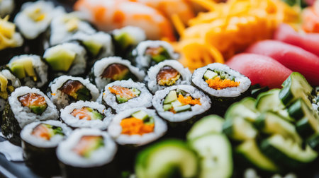 A vibrant veggie sushi platter with avocado rolls, cucumber rolls, and pickled ginger.の素材