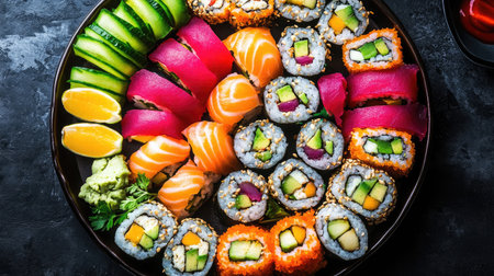 A vibrant veggie sushi platter with avocado rolls, cucumber rolls, and pickled ginger.の素材