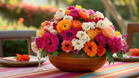 A stunning floral arrangement featuring bright ranunculus, zinnia, and sweet pea blooms in a wooden bowl, perfect for adding a cheerful touch to any outdoor gathering or event.の素材