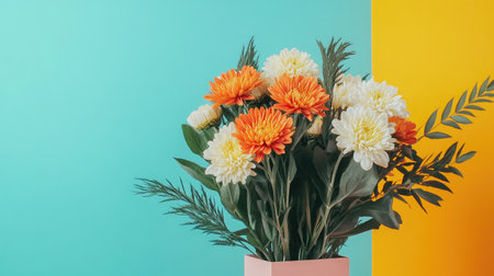 A stunning arrangement of orange and white flowers brings a refreshing vibe to any space, beautifully framed by an aqua and yellow backdrop for perfect aesthetic enjoyment.の素材