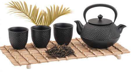 Discover a serene tea setup featuring a stylish black teapot, matching cups, dried tea leaves, and palm leaves on a bamboo mat, ideal for a calming tea ritual.の素材