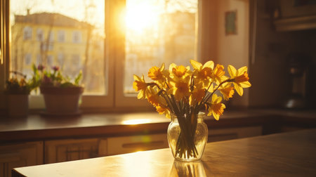 A beautiful arrangement of yellow daffodils in a glass vase on a wooden table, illuminated by warm sunlight in a cozy kitchen atmosphere, evoking feelings of spring and serenity.の素材