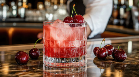 A vibrant cocktail featuring fresh cherries and ice, served in a stylish glass, perfect for summer gatherings or nightlife experiences at upscale bars.の素材