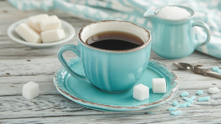 A tranquil scene featuring a turquoise cup of coffee with sugar cubes on a rustic wooden table, capturing a cozy and inviting atmosphere perfect for relaxation.の素材