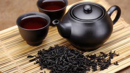 A captivating scene featuring a sleek black teapot alongside freshly brewed tea and loose leaf tea on a bamboo mat, ideal for creating a warm and inviting atmosphere.の素材