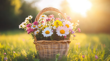 A stunning basket filled with vibrant wildflowers glowing in the soft sunset light, creating a serene and picturesque outdoor scene perfect for nature lovers.の素材