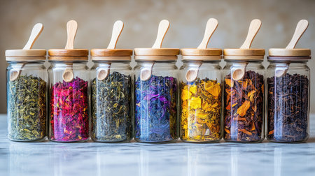 A vibrant display of herbal teas and dried flowers in stylish glass containers, perfect for enhancing any kitchen decor and exploring the world of natural flavors.の素材