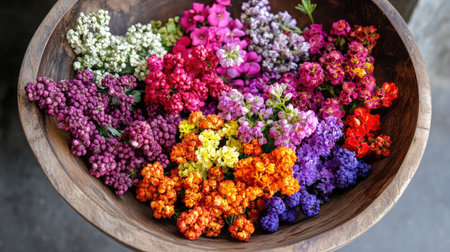 A stunning array of freshly picked flowers displayed in a wooden bowl, showcasing a lively mix of colors that captures the essence of nature's beauty and vibrant creativity.の素材