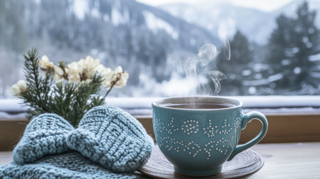 A warm mug of beverage releases steam in a cozy setting with knitted mittens and fresh flowers, framed by a stunning winter landscape outside the window.の素材