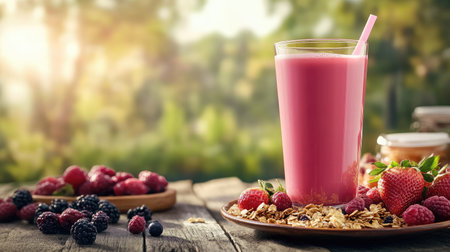 A vibrant pink berry smoothie served with granola and fresh fruits on a rustic wooden table, perfectly capturing the essence of a healthy outdoor breakfast.の素材