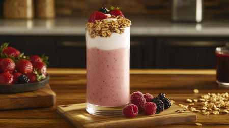 A vibrant berry smoothie topped with granola and fresh fruits, showcasing a nutritious and delicious option for breakfast or a refreshing snack in a cozy kitchen environment.の素材