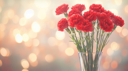 A stunning arrangement of vibrant red carnations in a clear glass vase, set against a dreamy bokeh background that evokes feelings of warmth and romance, perfect for any occasion.の素材